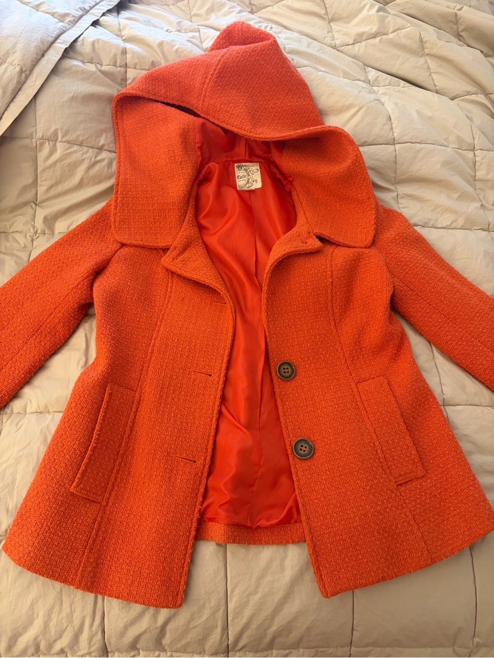 Tulle Bright Orange Hooded Pea Coat